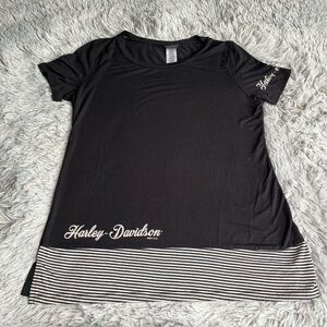 Harley Davidson Shirt Women Medium Slit Hem Black Stripes Spellout MO Motorcycle